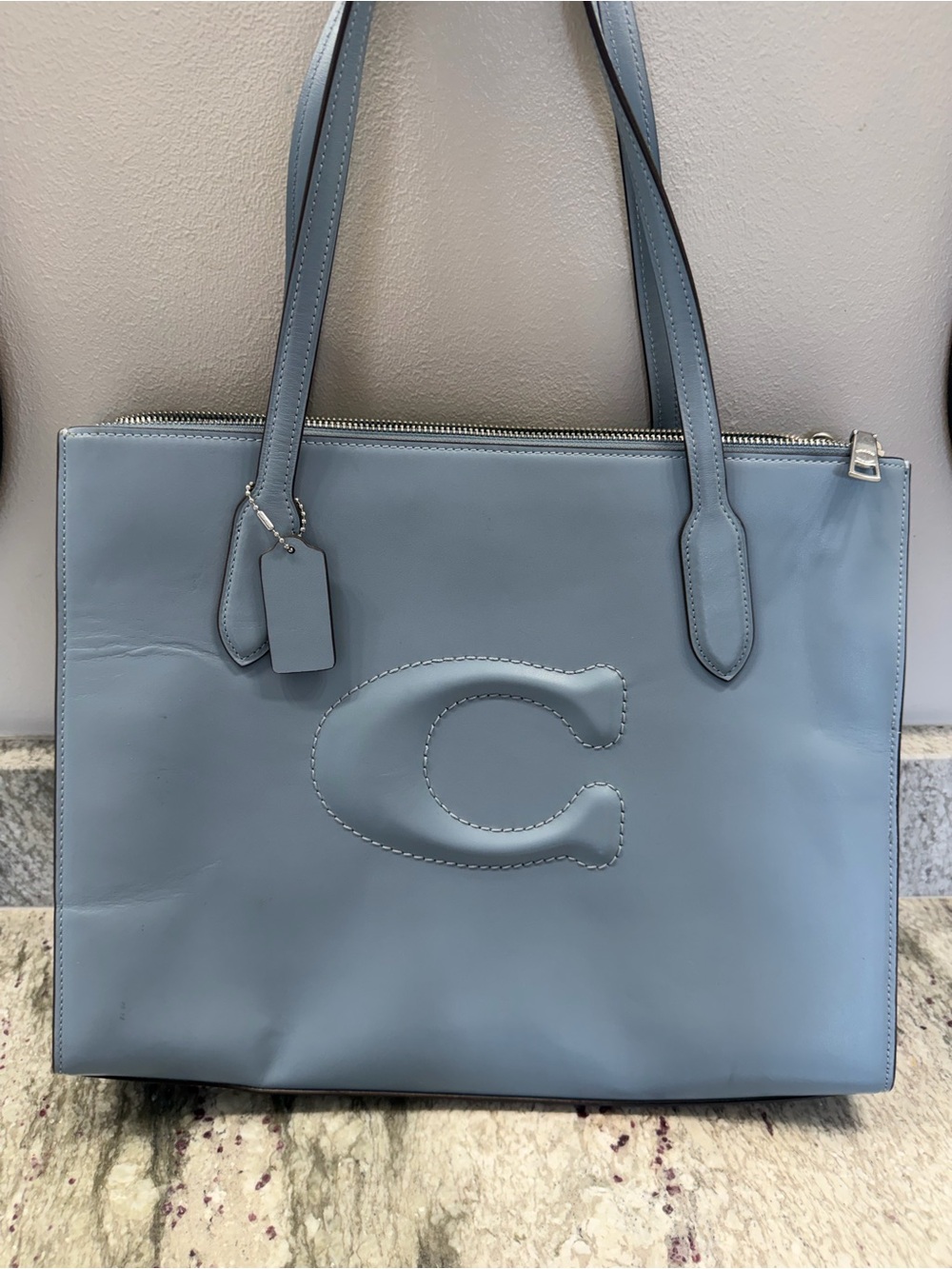 Coach Light Blue Leather Tote with Stitched 'C'